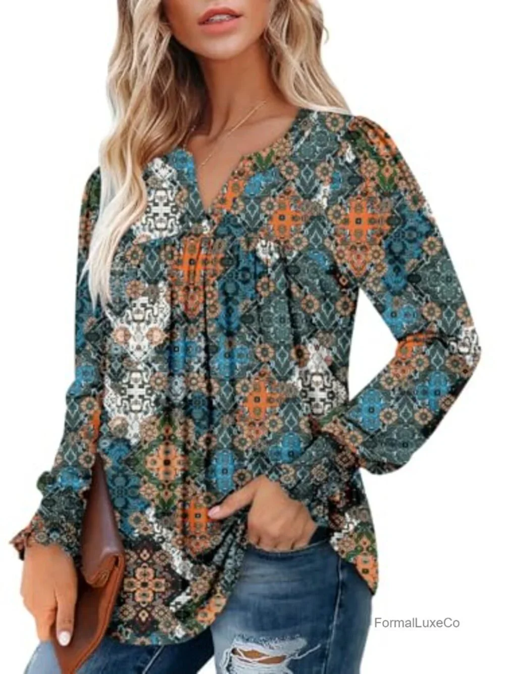 Puff Long Sleeve Tunic Top V Neck Pleated Blouse Women Dressy Casual Pullover